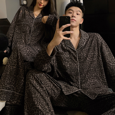日本代购春秋季情侣豹纹家居服女士时尚男士德绒款保暖冬长袖睡衣