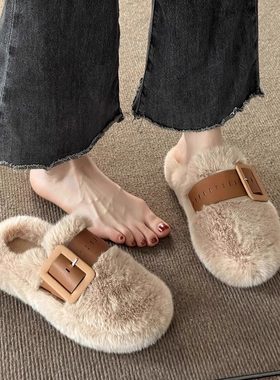 日本代购毛毛拖鞋女生包头秋冬季外穿松糕厚底室内防滑毛绒棉拖鞋