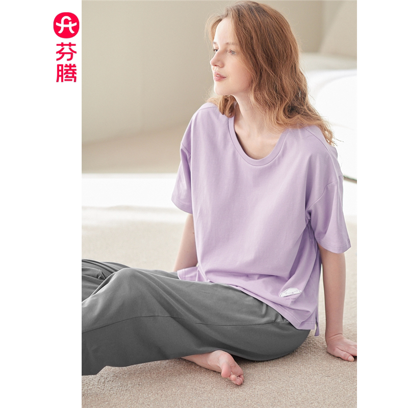 带胸垫睡衣女款夏季纯棉短袖套装大码宽松女士夏天一体家居服