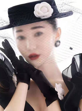 新娘手套黑色缎面山茶小香风配饰