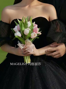 韩式礼服短款黑色网纱手套抹胸婚纱礼服配饰遮手臂袖袖子新娘手套