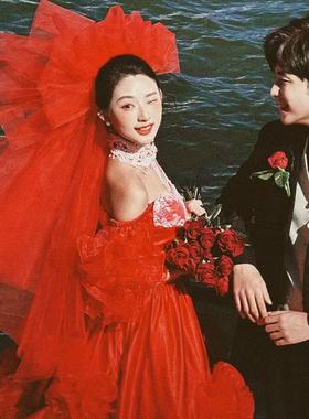 红色泡泡影楼婚纱照造型拍照短素纱头纱婚纱礼服头饰旅拍新娘头纱