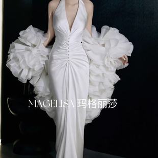 白色长款多层荷叶婚纱礼服长披肩演出拍照造型款小斗篷多色可定做