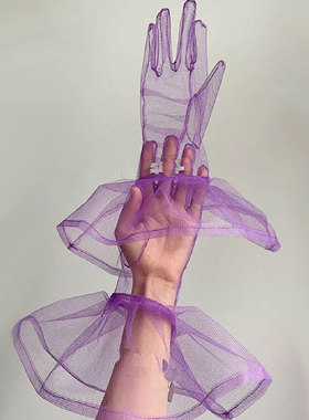 紫色短款荷叶礼服造型拍照款全指手套黑色红色紫色影楼新娘手套