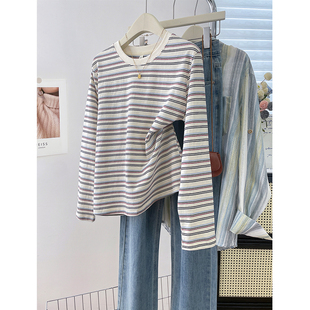 韩系学院风休闲撞色圆领条纹T恤大码 显瘦柔软舒适纯棉秋冬打底衫