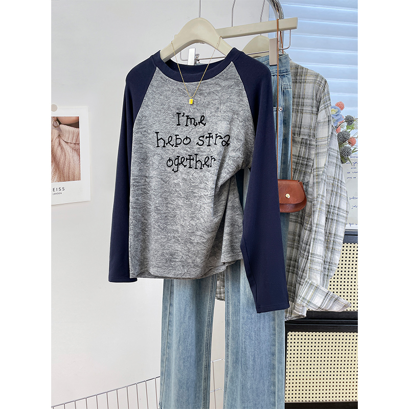 晕染植绒字母拼色圆领插肩长袖