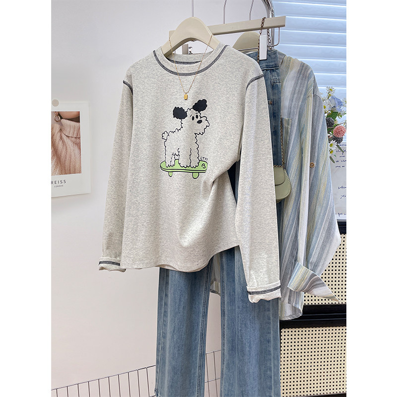 小众设计感明线装饰卡通狗狗印花圆领长袖T恤宽松时尚打底衫上衣