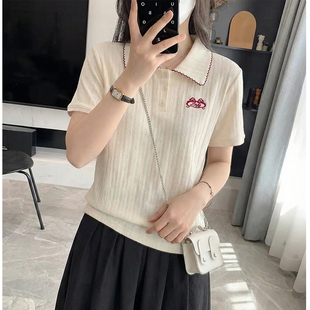 韩系学院风翻领短袖 T恤女重工刺绣正肩显瘦减龄休闲百搭上衣潮