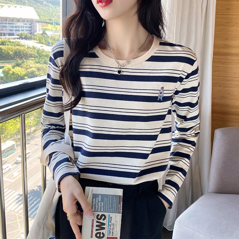 条纹长袖t恤大码胖mm显瘦打底衫