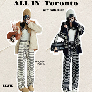 ALLIN 黑白条纹阔腿裤女高腰垂感显瘦新款秋冬加绒休闲直筒拖地裤