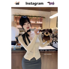 ALLIN 纯欲收腰显瘦纽扣V领长袖简约打底衫外穿T恤女修身内搭上衣