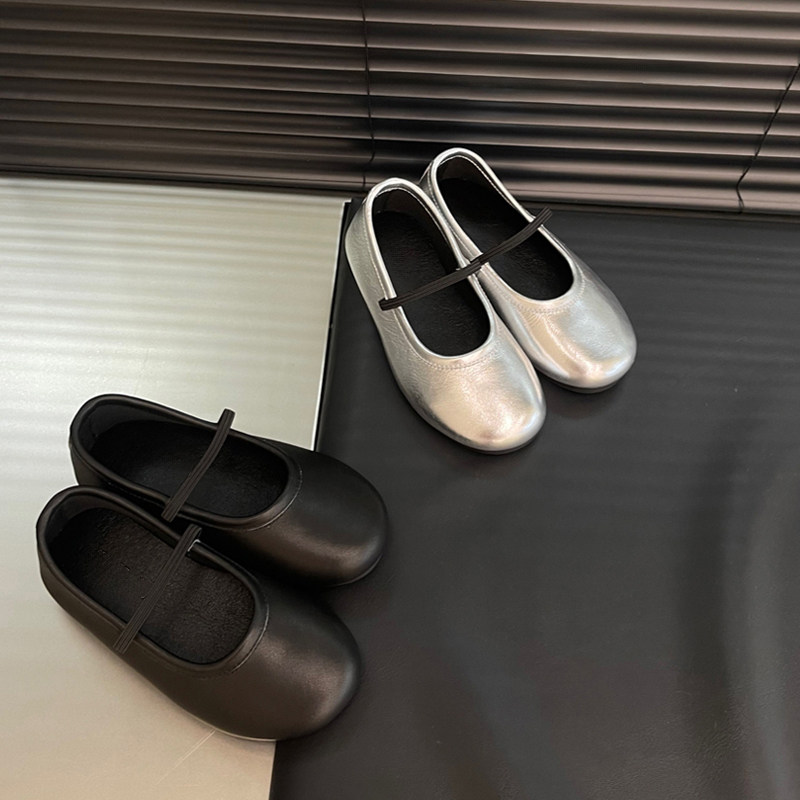 女童牛皮芭蕾舞2025春秋平底单鞋小皮鞋儿童浅口软底公主鞋子银色