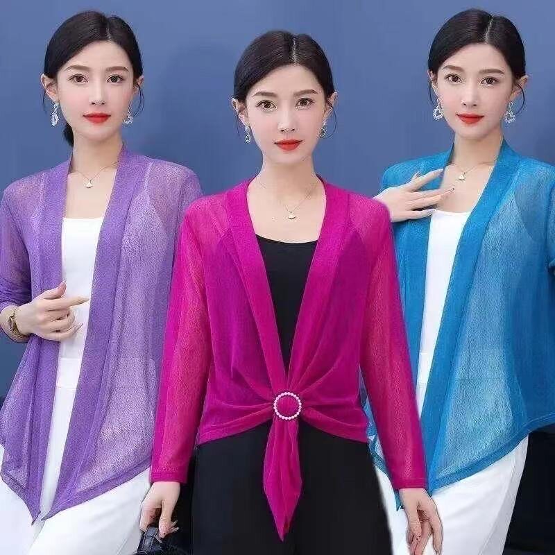 夏季纯色百搭长袖薄款妈妈短款小披肩外套女士外搭防晒开衫配裙子