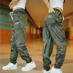 潮流百搭宽松高腰显瘦休闲裤 运动裤 冰丝速干小脚迷彩裤 薄款 女夏季