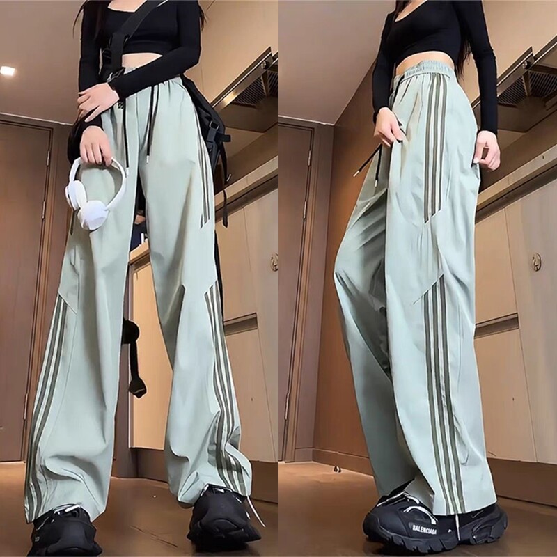 运动裤子女款夏季薄款冰丝休闲裤时尚潮流三条杆条纹宽松直筒长裤图片