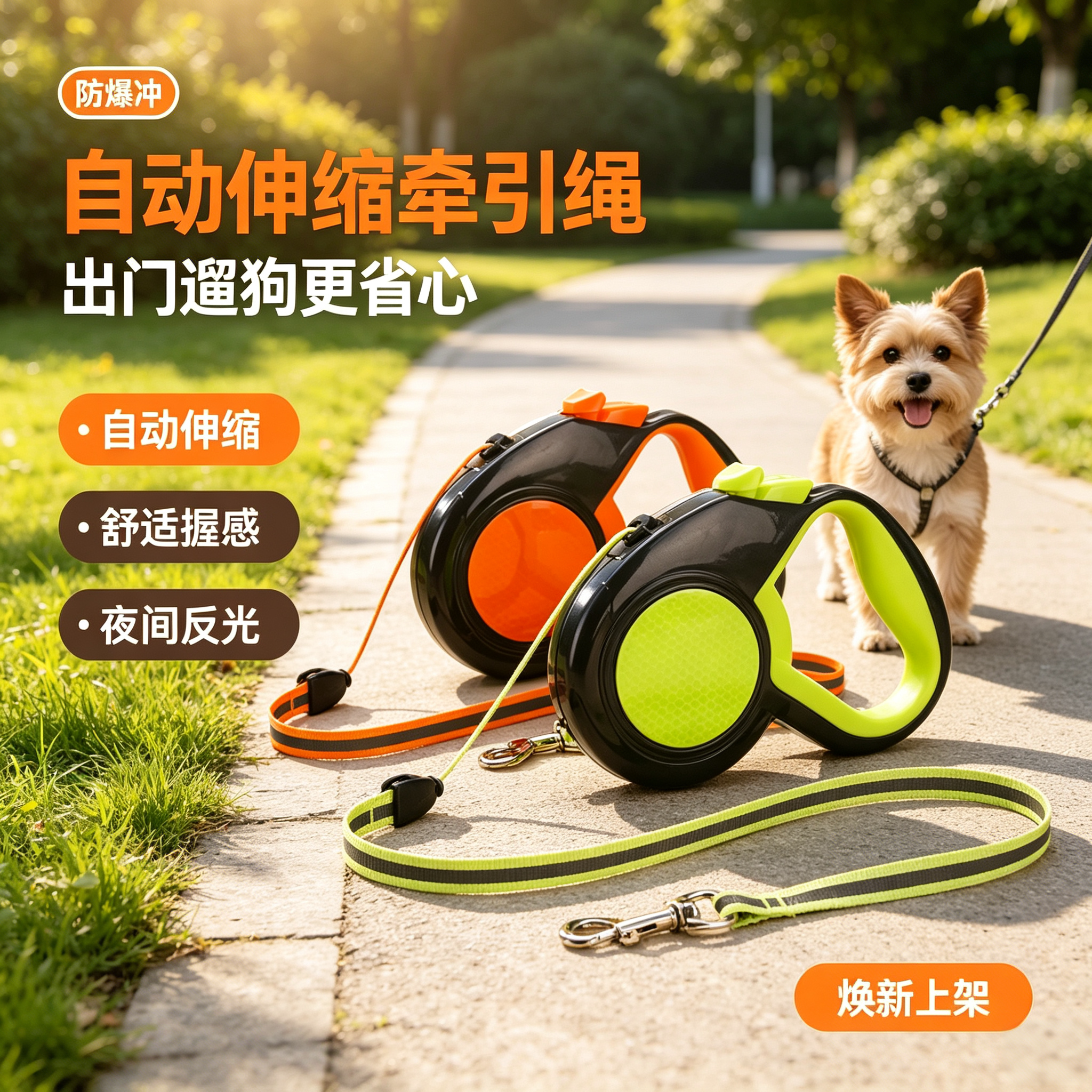 伸缩牵引绳一拉即走遛狗不累手反光夜遛安全尼龙绳顺滑不卡顿