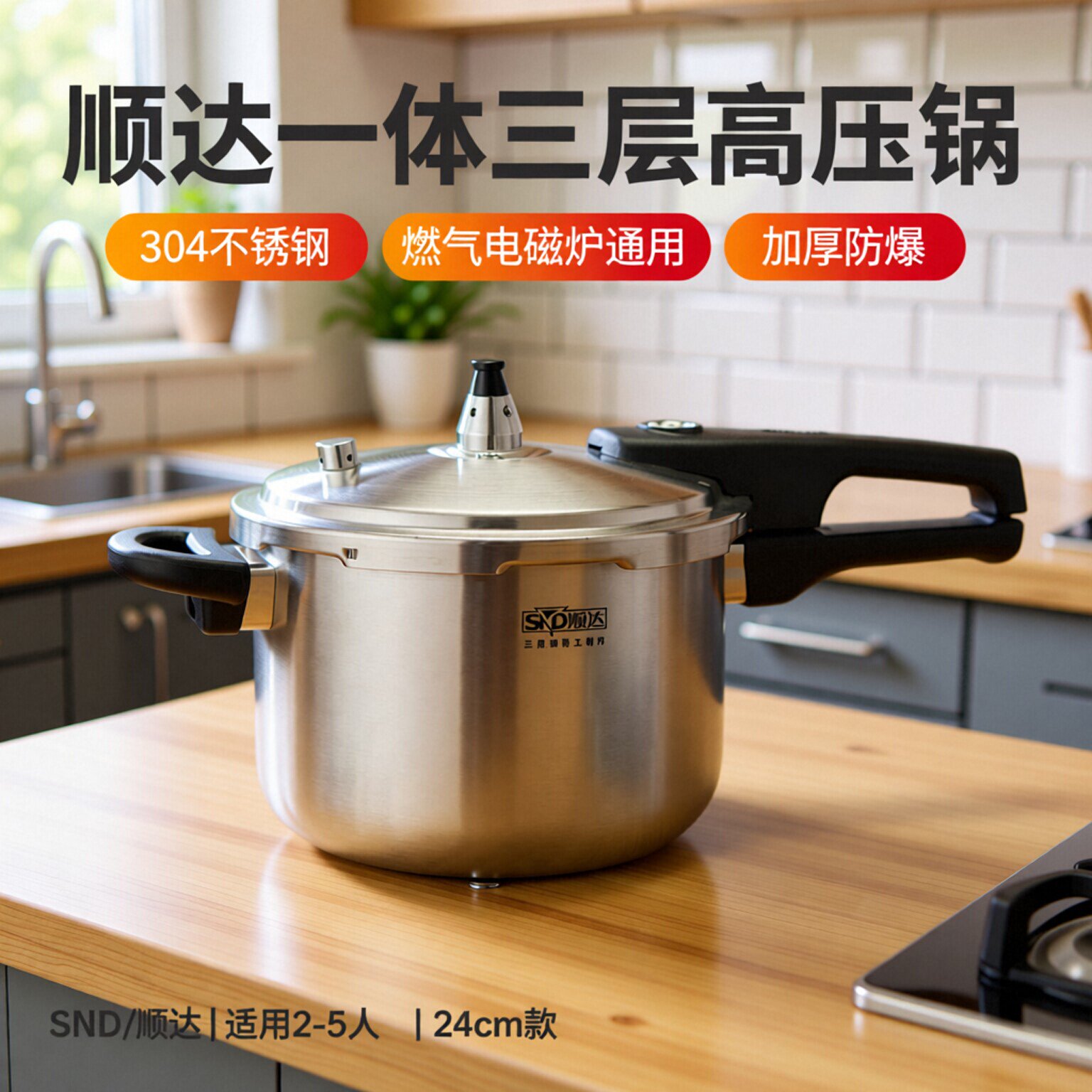 顺达一体三层高压锅304不锈钢家用燃气电磁炉通用加厚防爆压力锅