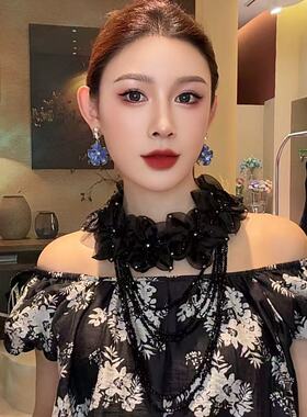 优雅气质高级奢华蓝风铃花朵花环水晶流苏假领子AZ948