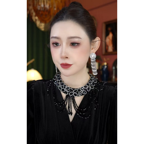 轻奢高级孔雀之翼水晶灵动流苏假领子WW042