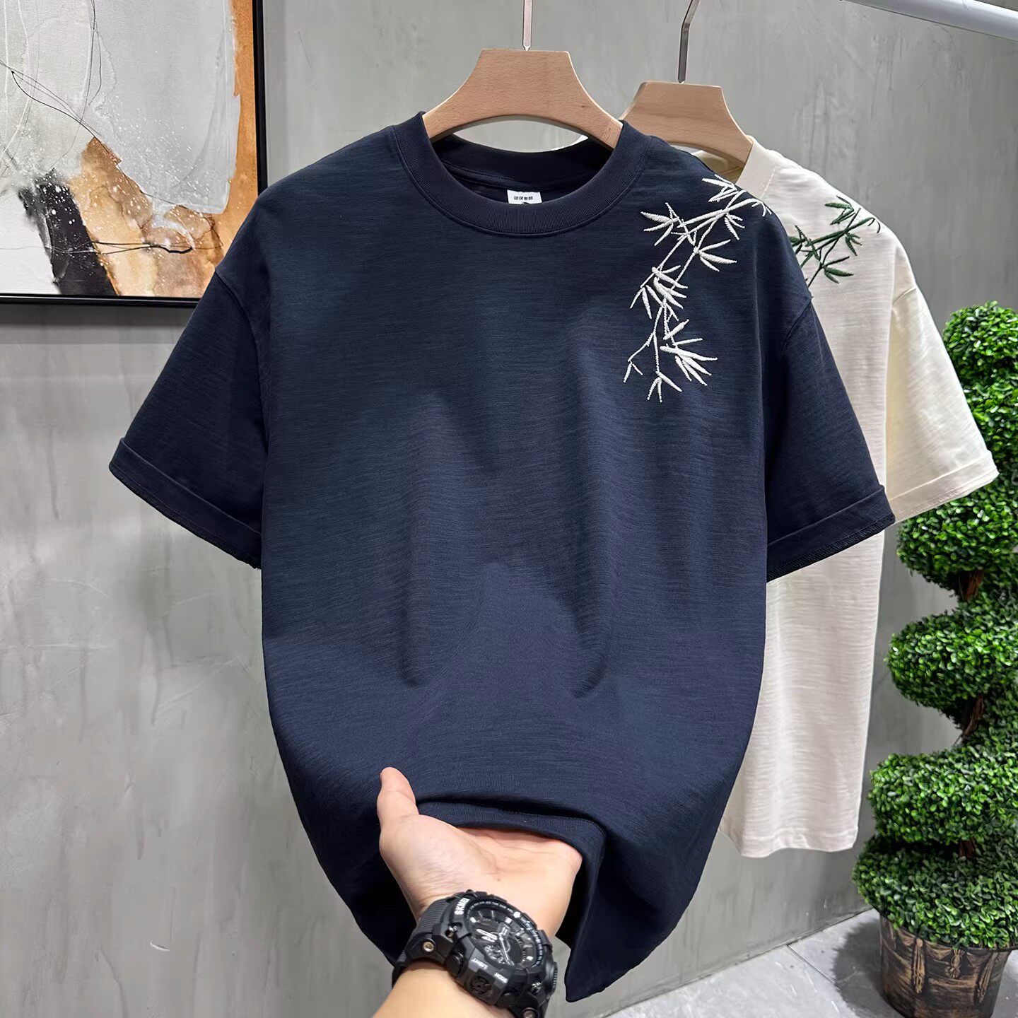 2026夏季新款中国风短袖T恤男宽松圆领竹叶刺绣纯棉百搭潮牌上衣