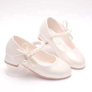白色皮鞋女童公主鞋学生配礼服合唱演出鞋春秋软底蝴蝶儿童高跟鞋