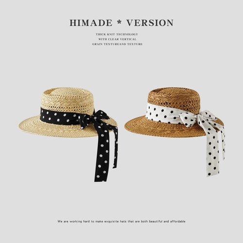 Himade波点蝴蝶结草帽女夏季
