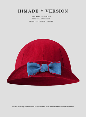 Himade小丸子日系可爱蝴蝶结手工盆帽秋女生翻边亚麻渔夫帽子红色