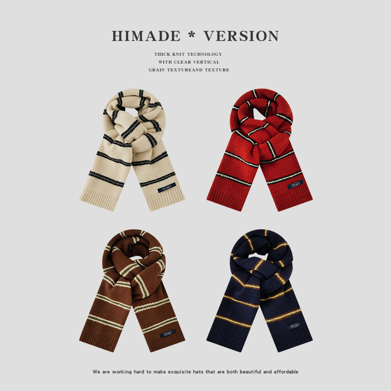 Himade韩版红色宽条纹围巾女藏青色学院风针织围脖秋冬季保暖披肩