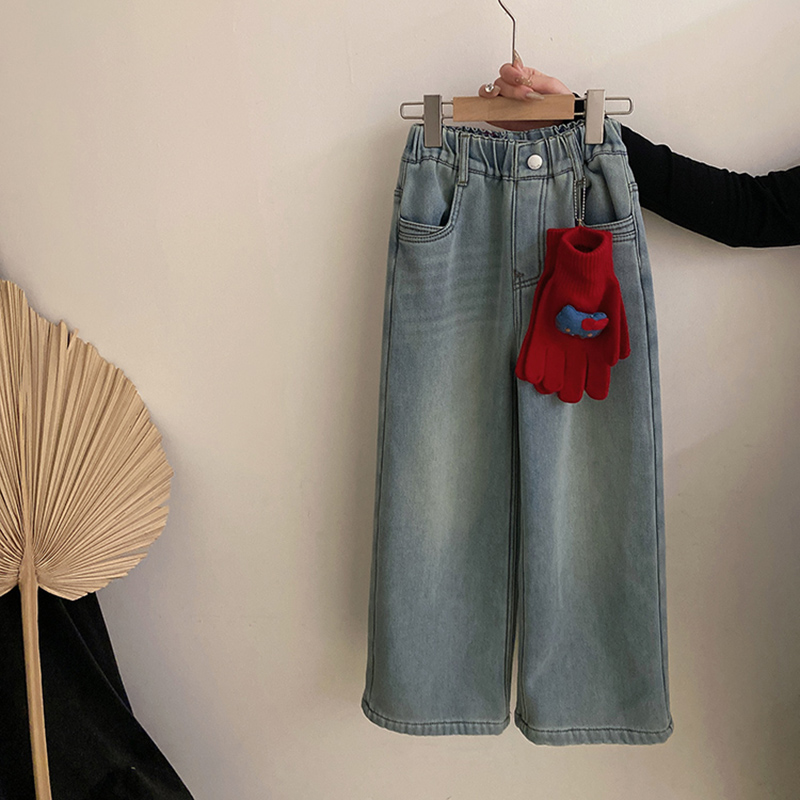 女童韩系秋冬季2025新款加绒阔腿牛仔裤中大童裤子女宝宝洋气裤子