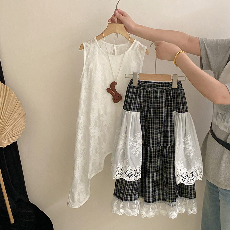 韩版女童夏季新款女童设计感蕾丝罩衫裙黑白格子半身裙潮流两件套