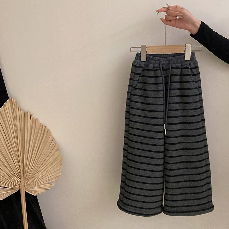 女童韩版秋冬季新款2025洋气保暖潮流百搭洋气加绒条纹裤中小童潮