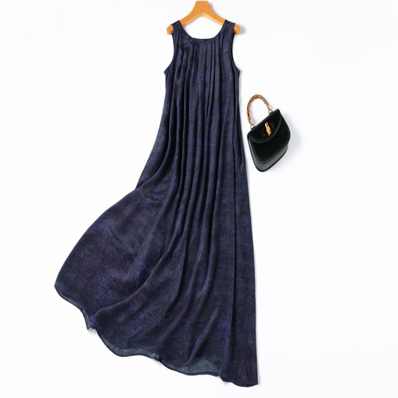 2米大摆！牛仔质感印花！真丝大圆领无袖宽松长裙连衣裙背心裙
