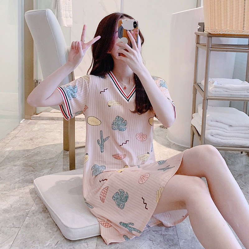 睡裙女夏季春秋学生家居服可爱外穿薄款纺冰丝短袖宽松睡衣夏天