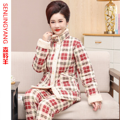 可外穿女士纯棉珊瑚绒夹棉睡衣冬