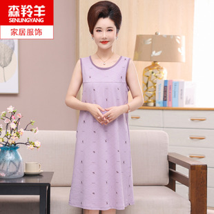 睡裙女士夏季无袖纯棉薄款睡衣中长款中年人妈妈夏天背心连衣裙子