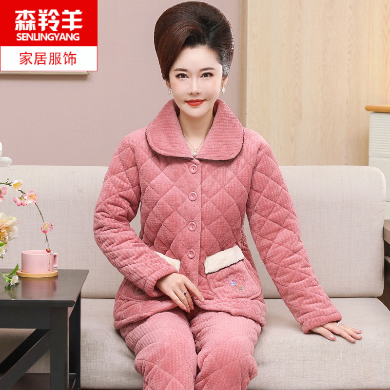 冬天中老年妈妈珊瑚绒夹棉睡衣女