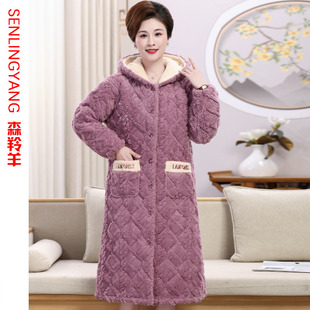 睡袍女士冬季珊瑚绒夹棉袄睡衣妈妈三层加长款保暖加绒法兰绒浴袍