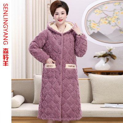 中年女士三层超厚棉袄珊瑚绒睡袍