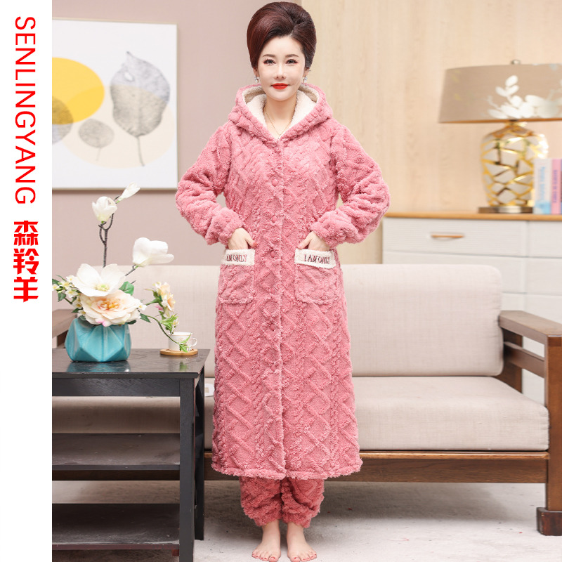 中年妈妈秋冬保暖法兰绒睡袍睡裤