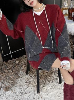 高级感加厚菱形格慵懒毛衣包臀裙两件套女24秋冬新款时尚针织套装