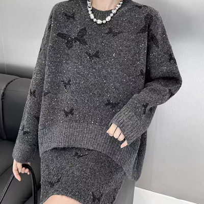 慵懒风不规则毛衣半身裙两件套