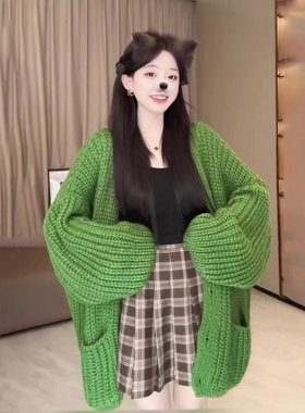 加厚宽松大码慵懒风毛衣外套女2023秋冬新款中长款灯笼袖针织开衫