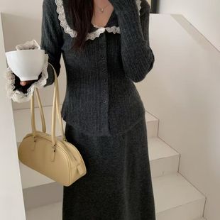 开衫 女秋冬新款 半身长裙毛衣两件套 减龄蕾丝拼接翻领针织套装 法式