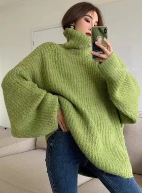 大板加厚高级感慵懒风高领毛衣女2025年秋冬新款宽松中长款针织衫
