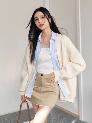 高级感条纹衬衫拼接针织开衫女2024年秋冬新款宽松毛衣外套假两件