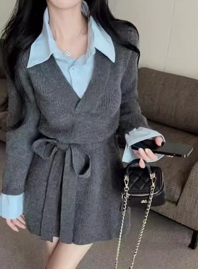 法式衬衫领拼接假两件中长款针织连衣裙女秋冬新款宽松收腰毛衣裙