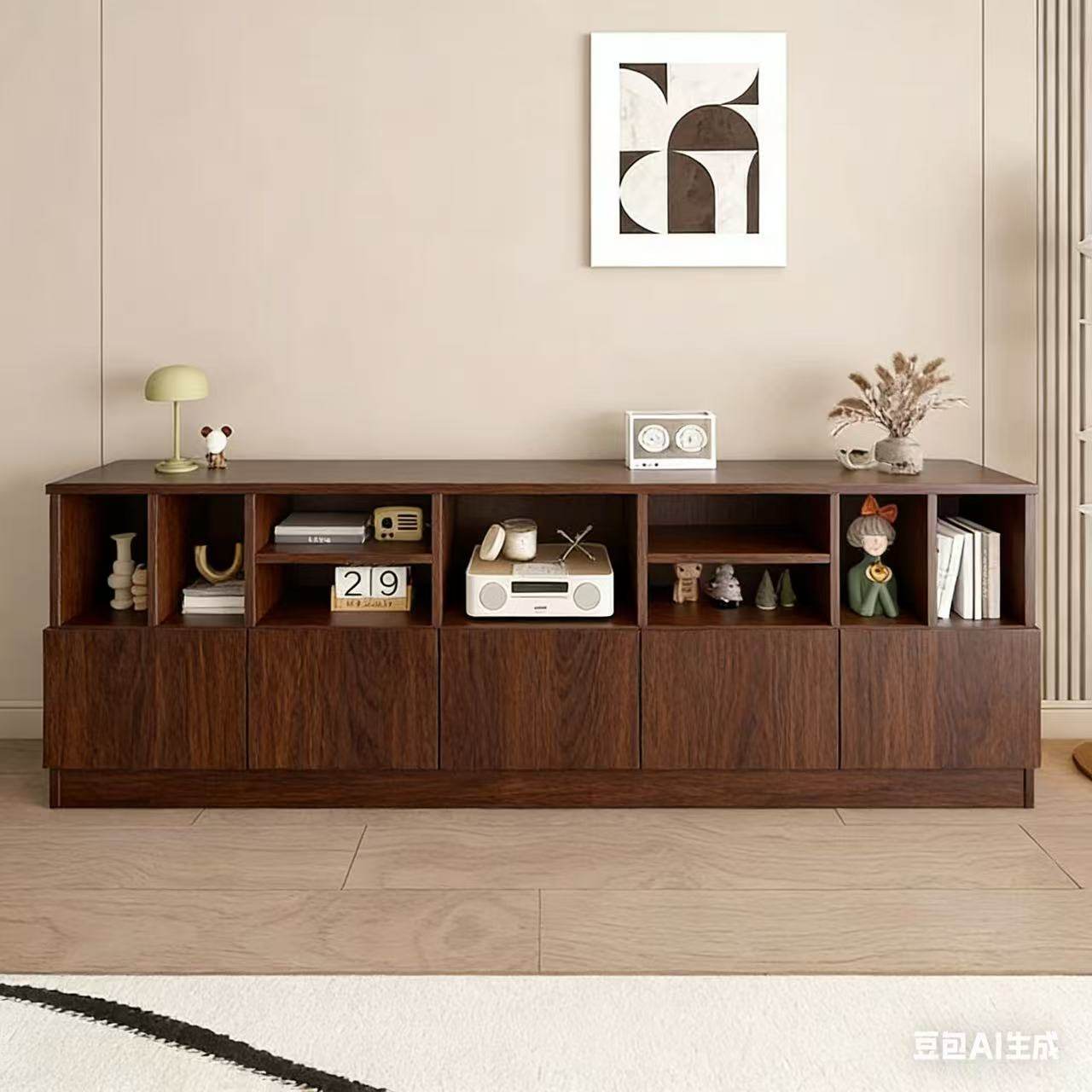 2026新款圆角窄书柜电视柜暗格隐藏插座推拉设计矮柜实木书架落地