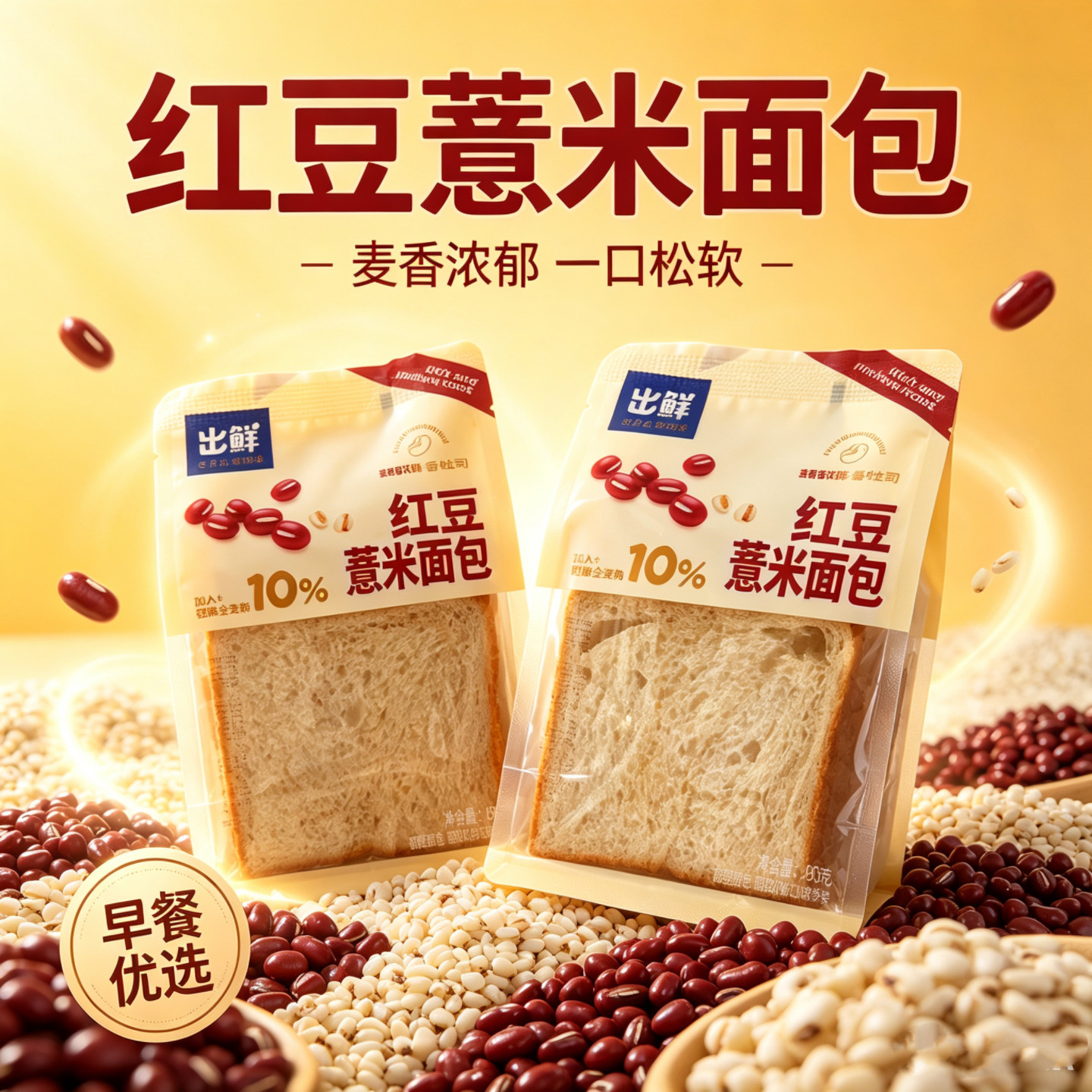 出鲜红豆薏米面包95克袋装吐司
