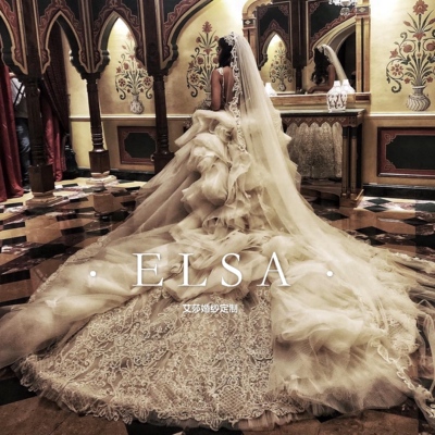 elie saab超重工婚纱 梦幻云朵造型性感吊带蓬蓬大拖尾主婚纱主纱