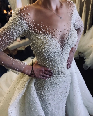 奢华超重工珍珠绣婚纱 秋冬长袖性感鱼尾大拖尾婚纱 手工串珠1